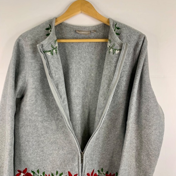 Christmas Embroidered Holly Granny cottagecore fleece jacket cardigan red gray - Picture 5 of 11